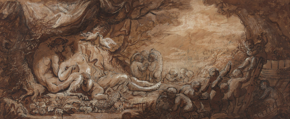 JACQUES-PHILLIPE CARESME (Paris 1734-1796 Paris) A Satyr and a Nymph Embracing under a Tree with a Bacchanal of Putti.